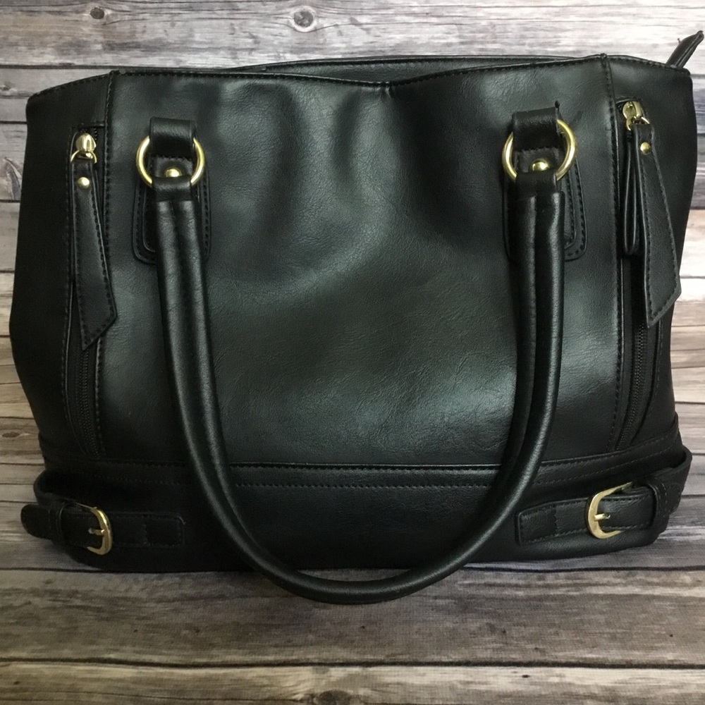 Black Nine West tote bag with belt buckle design